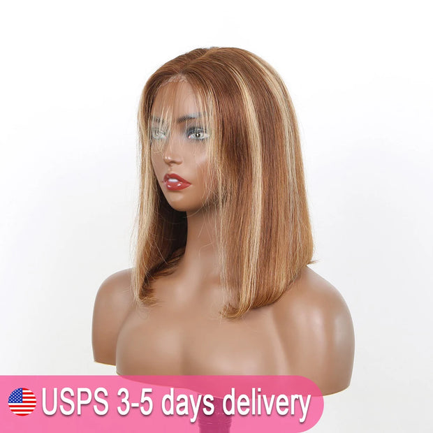 Glueless Straight Bob Wigs Highlight Hair Wear and Go 100% Human Hair Wigs 6x4 Pre Cut Lace Closure Hair Wigs Ready To Wear Bob