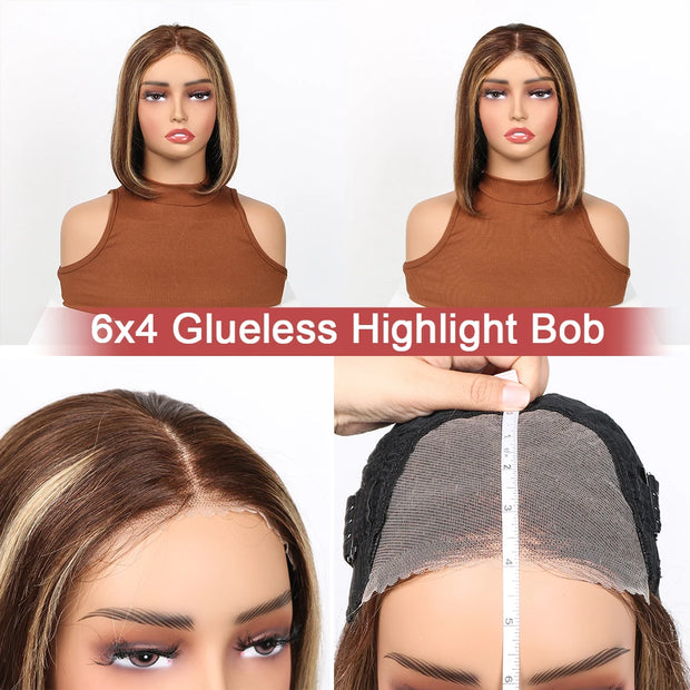 Glueless Straight Bob Wigs Highlight Hair Wear and Go 100% Human Hair Wigs 6x4 Pre Cut Lace Closure Hair Wigs Ready To Wear Bob