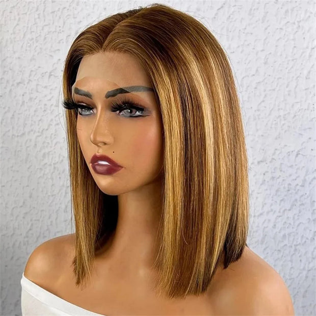 Glueless Straight Bob Wigs Highlight Hair Wear and Go 100% Human Hair Wigs 6x4 Pre Cut Lace Closure Hair Wigs Ready To Wear Bob