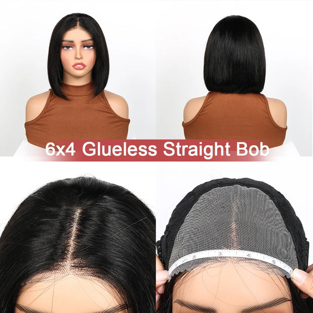 Glueless Straight Bob Wigs Highlight Hair Wear and Go 100% Human Hair Wigs 6x4 Pre Cut Lace Closure Hair Wigs Ready To Wear Bob