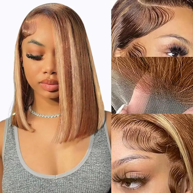 Glueless Straight Bob Wigs Highlight Hair Wear and Go 100% Human Hair Wigs 6x4 Pre Cut Lace Closure Hair Wigs Ready To Wear Bob