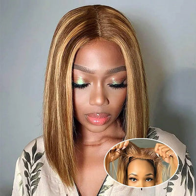 Glueless Straight Bob Wigs Highlight Hair Wear and Go 100% Human Hair Wigs 6x4 Pre Cut Lace Closure Hair Wigs Ready To Wear Bob